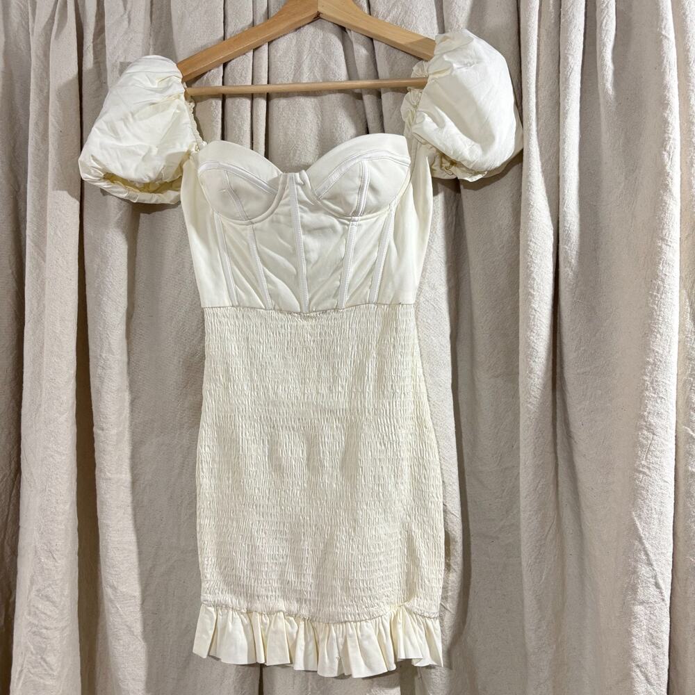 Oh Polly Ivory Puff Sleeve Bustier Mini Dress US 0 w/ tiny flaw Bridal Formal